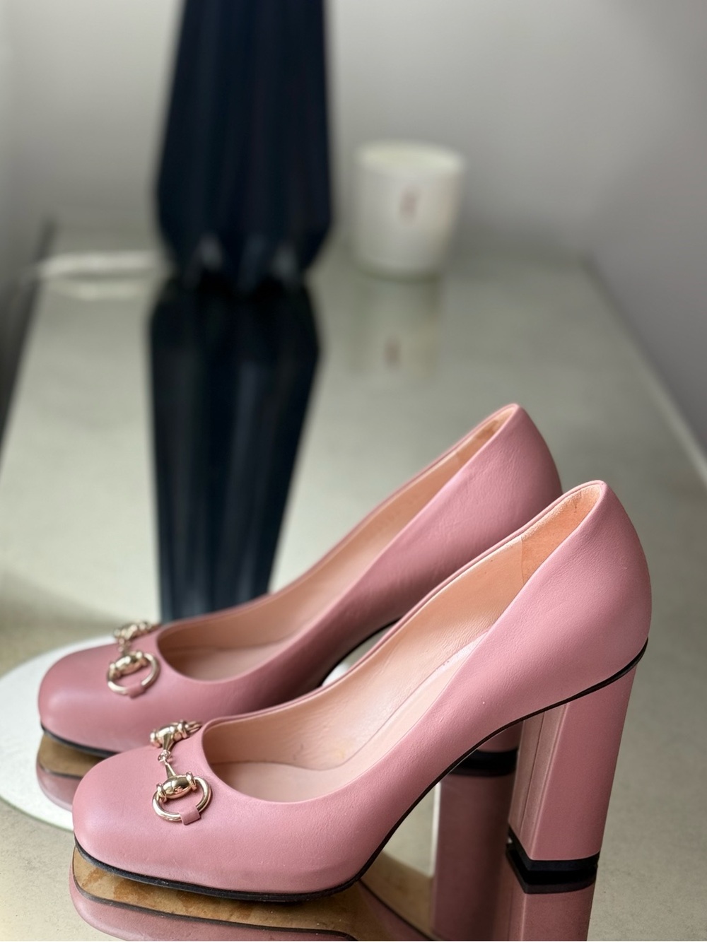 Gucci Pink Leather Block Heel Pumps with Gold Horsebit 7.5